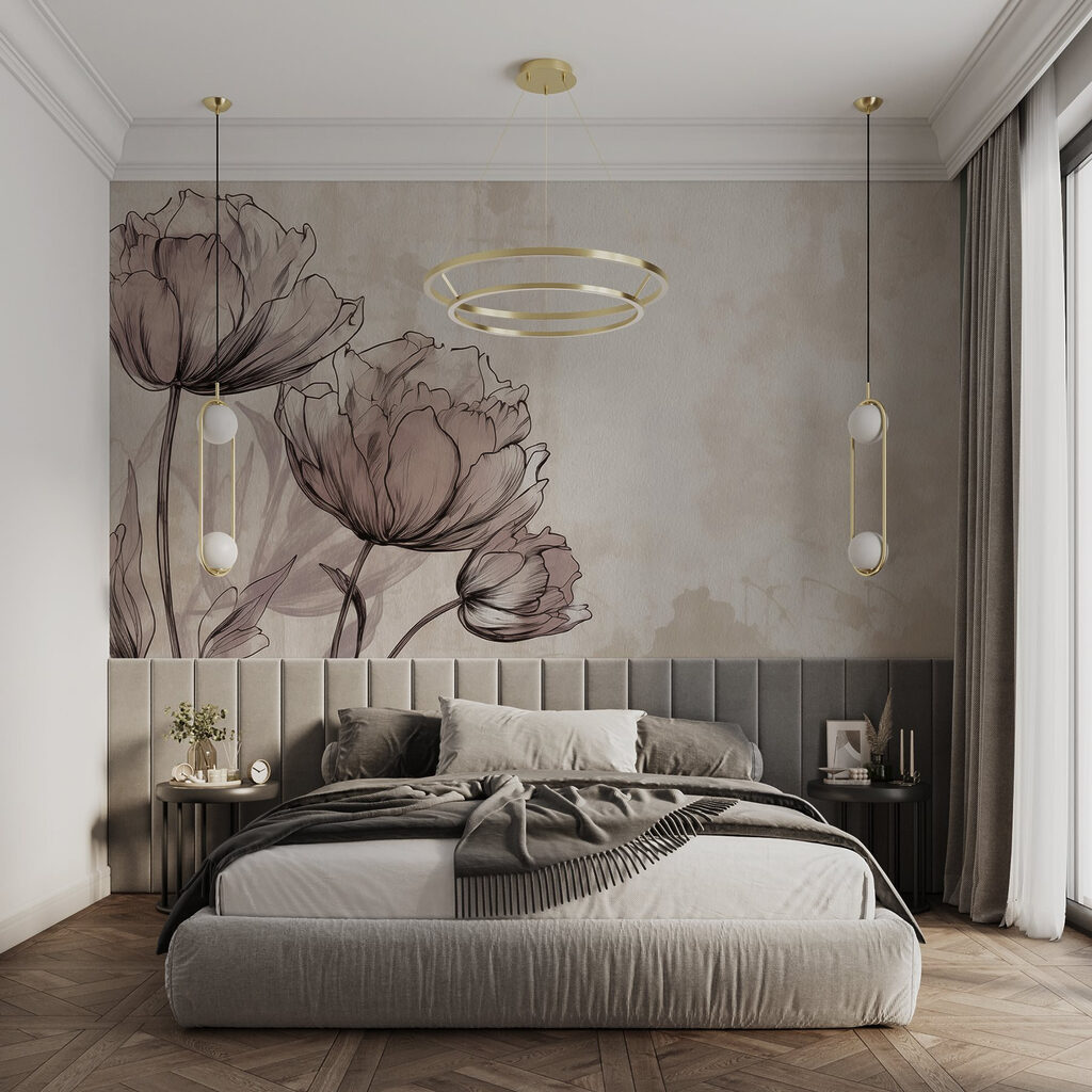 Fleurs dessinées sur beige dans un intérieur