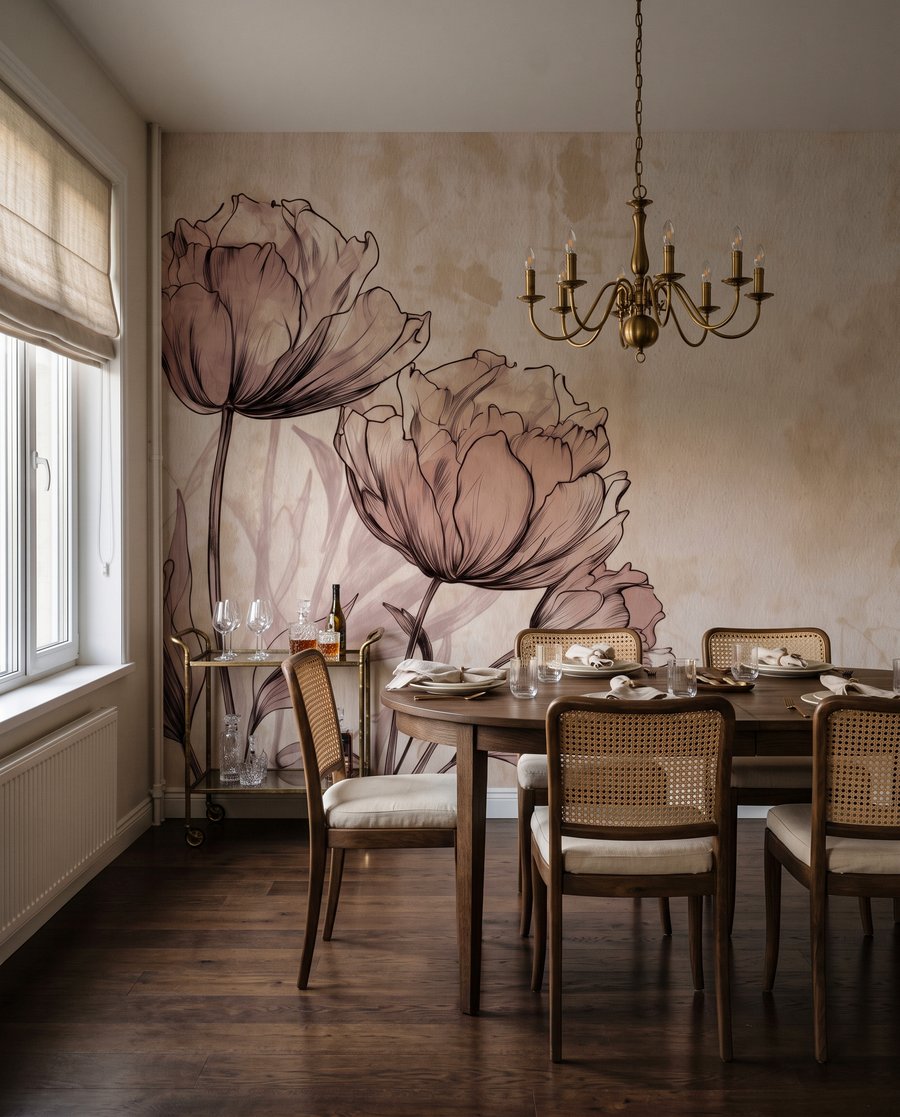Fleurs dessinées sur beige dans un intérieur