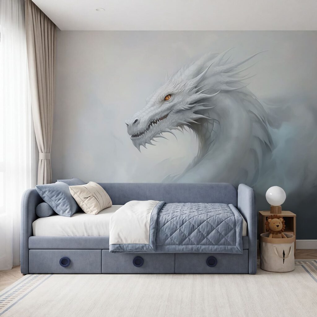 Dragon blanc des brumes dans un intérieur