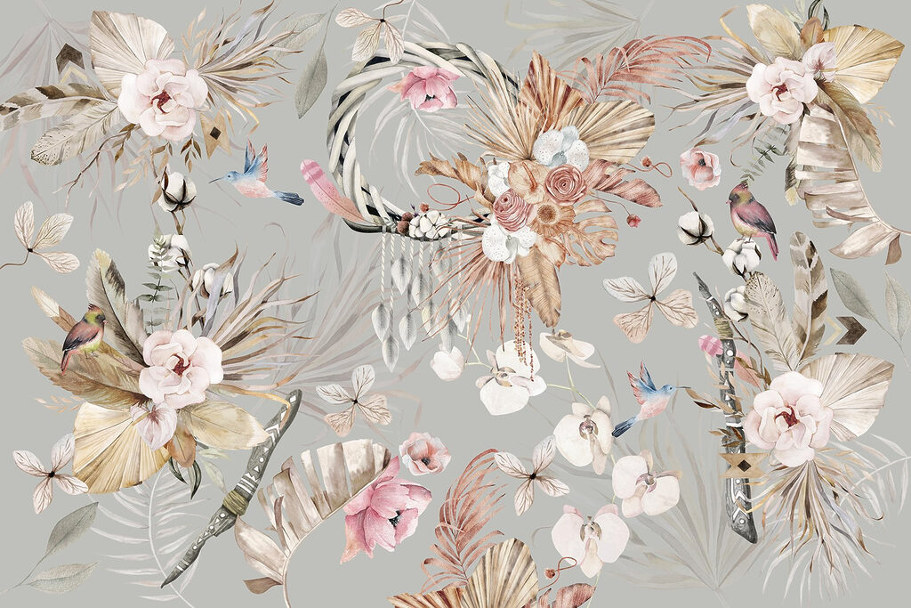 Fleurs et oiseaux gracieux — motif complet