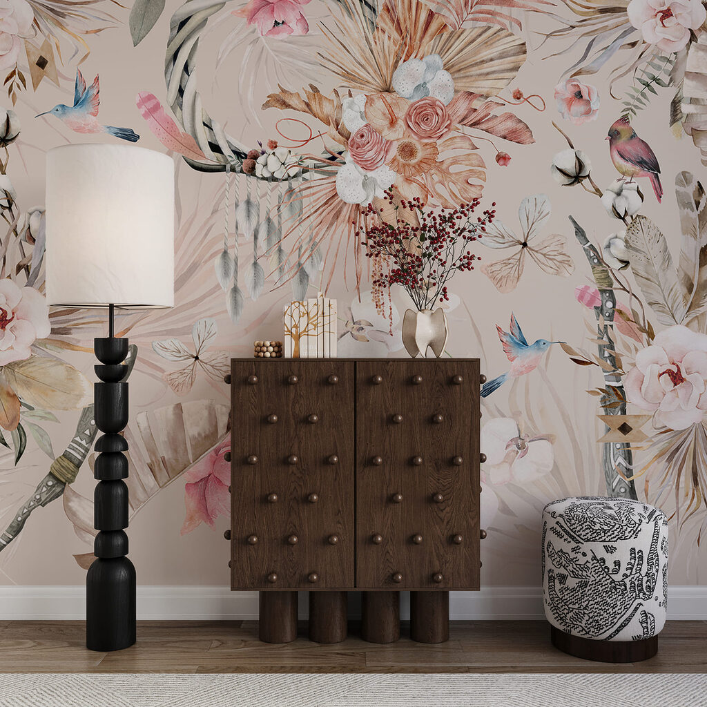 Fleurs et oiseaux gracieux dans un intérieur