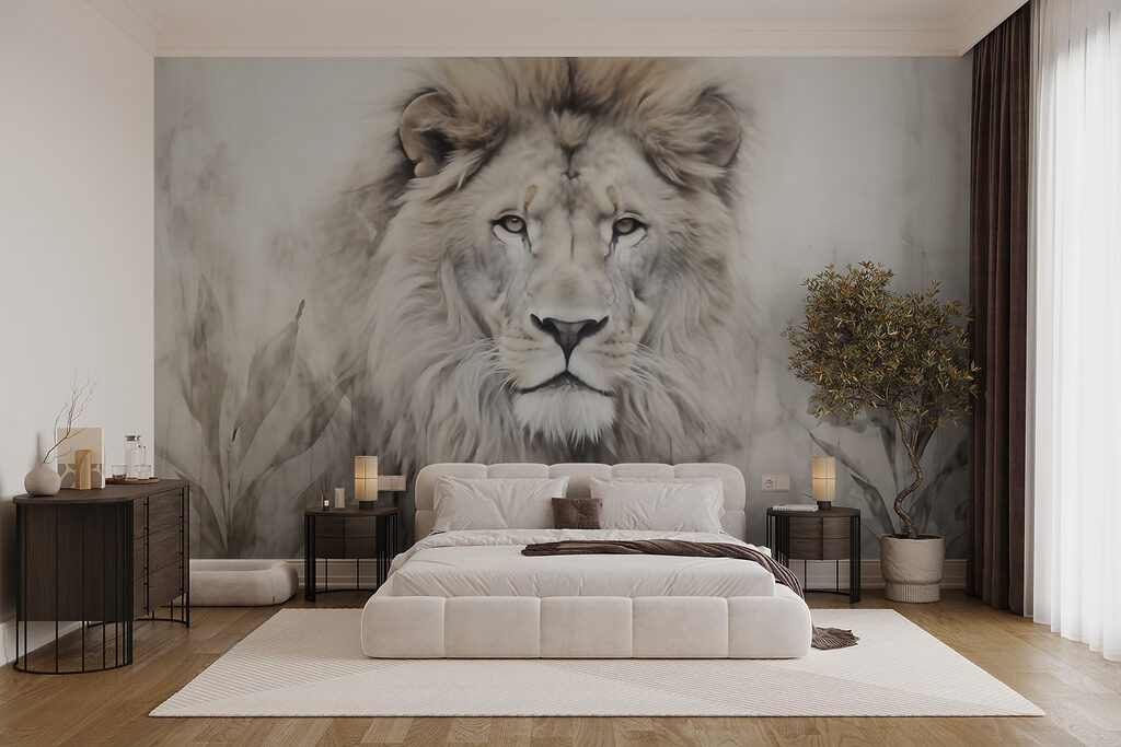 Lion parmi les herbes dans un intérieur