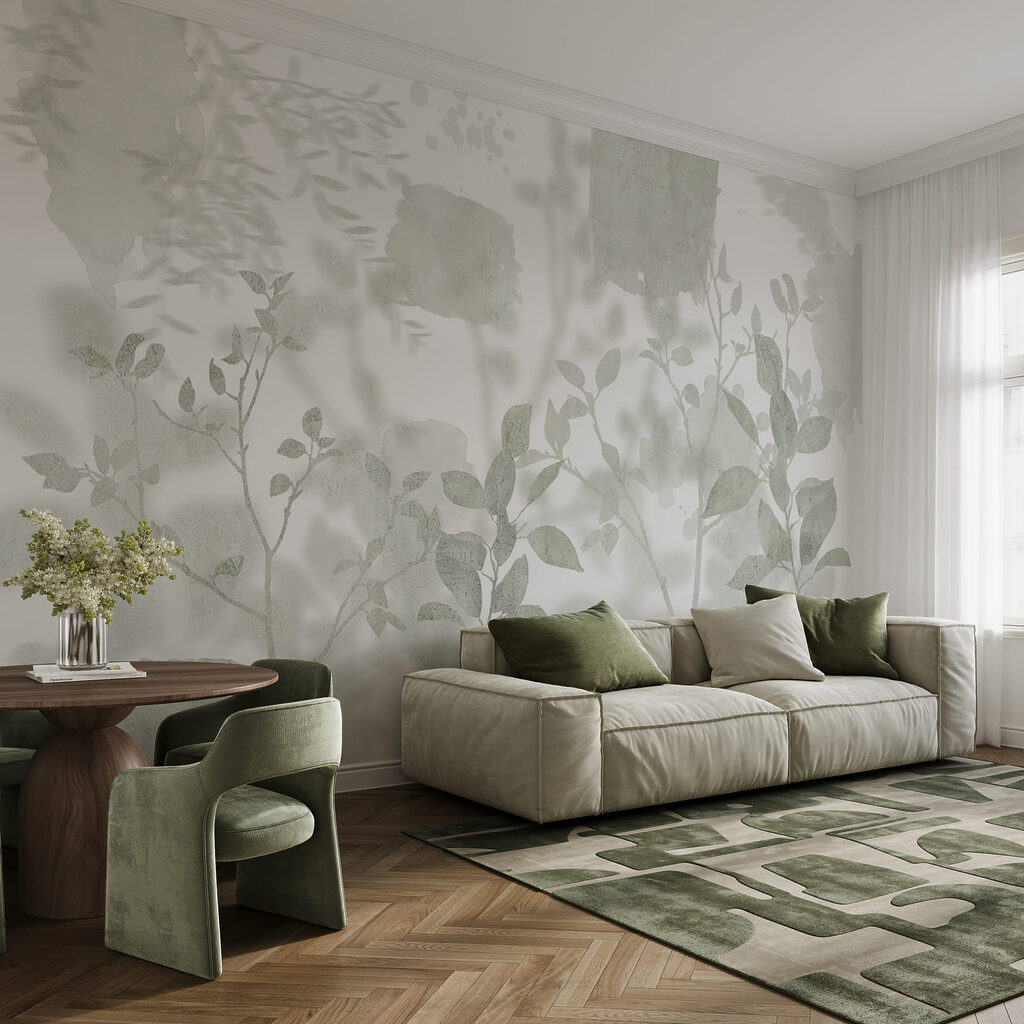 Rameaux sur feuilles estompées dans un intérieur
