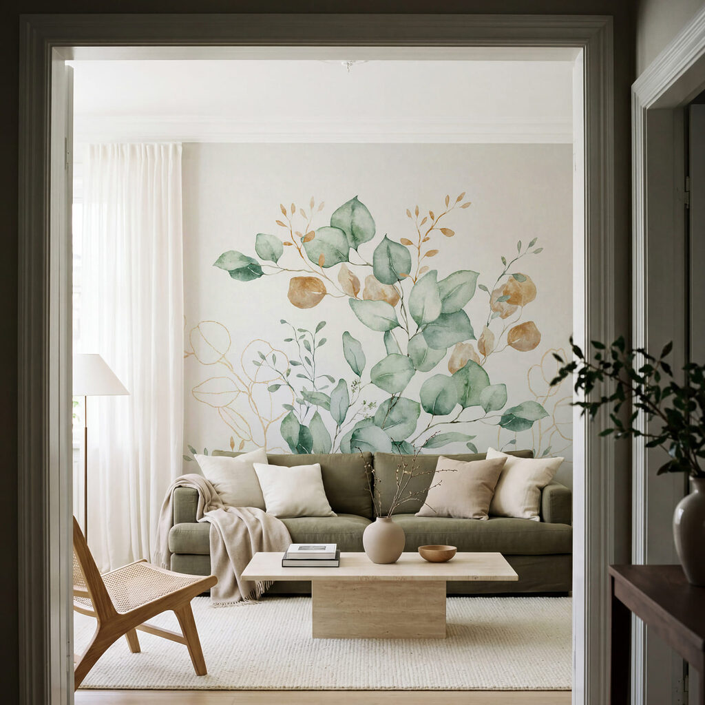 Feuilles rondes et bourgeons dans un intérieur