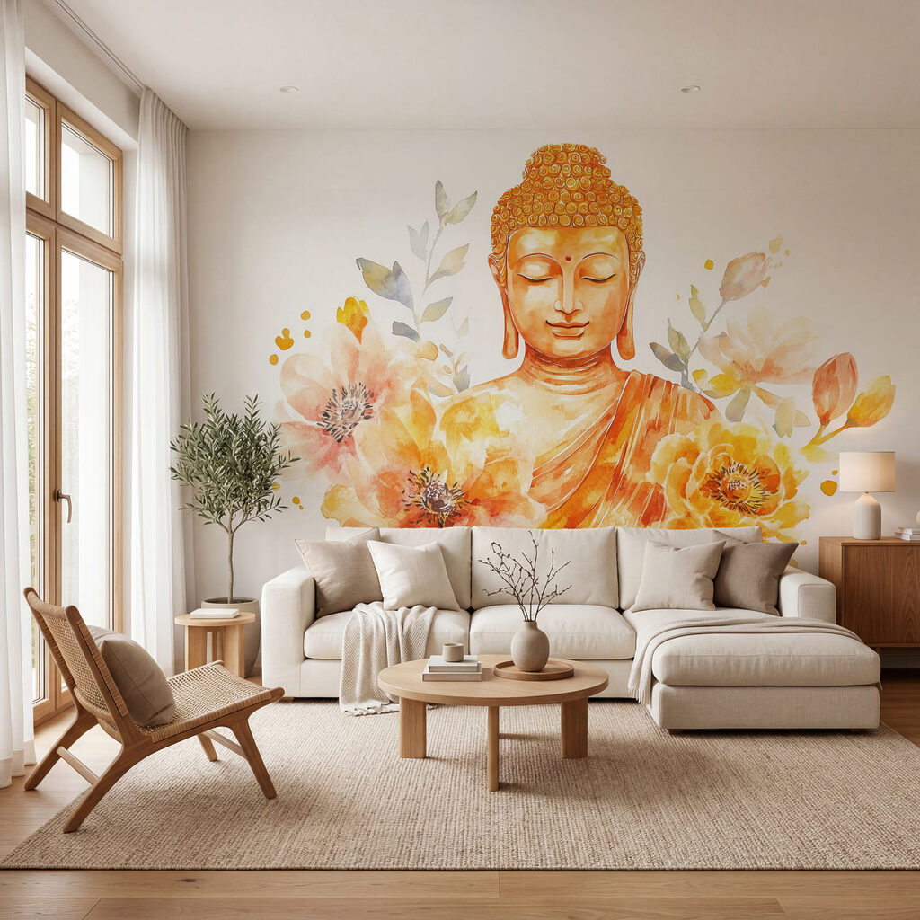 Bouddha parmi les fleurs dans un intérieur