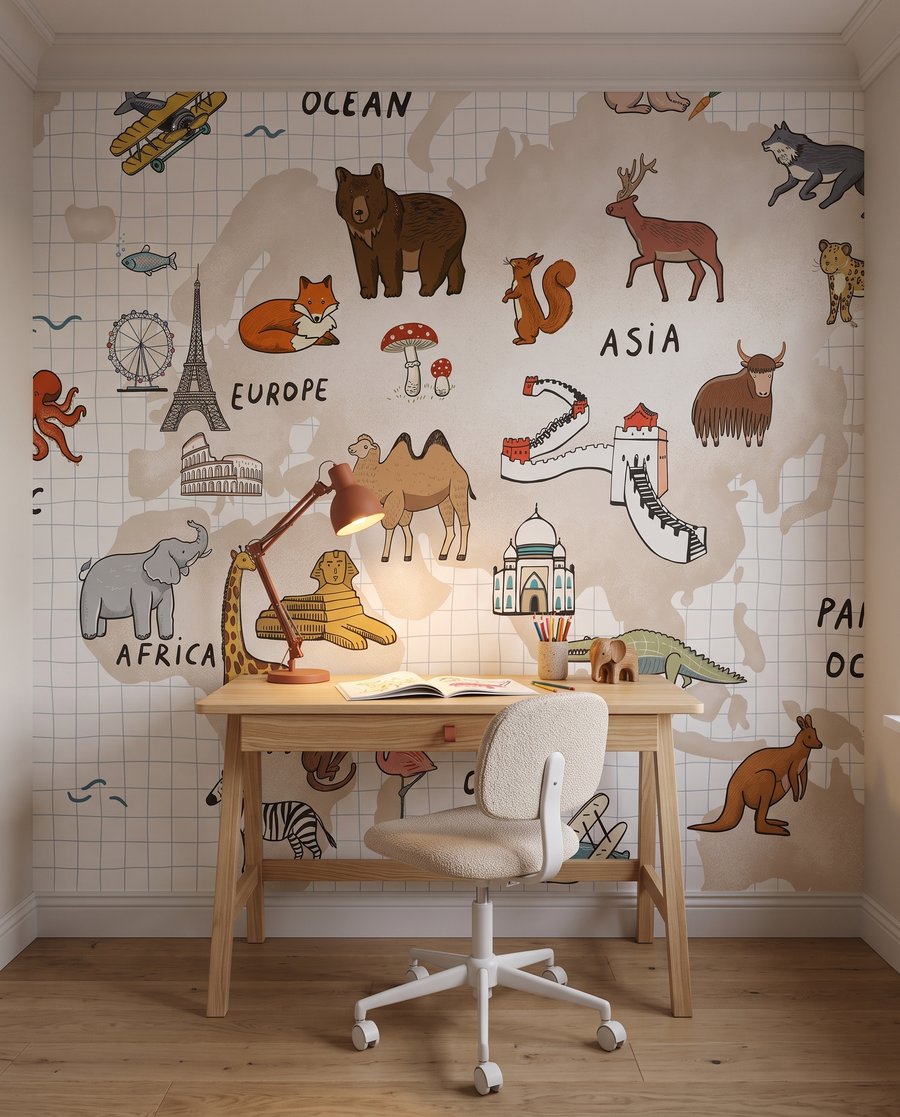 Carte animalière et itinéraires dans un intérieur