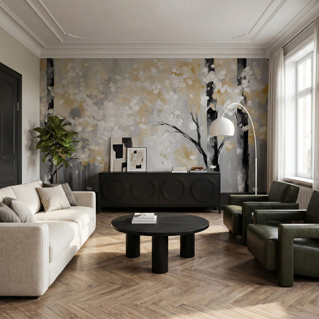 Sous-bois aux feuilles dorées dans un intérieur