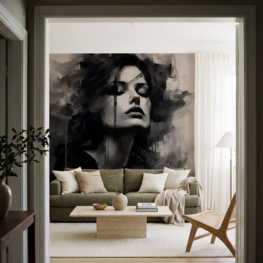 Visage aux coulures noires dans un intérieur
