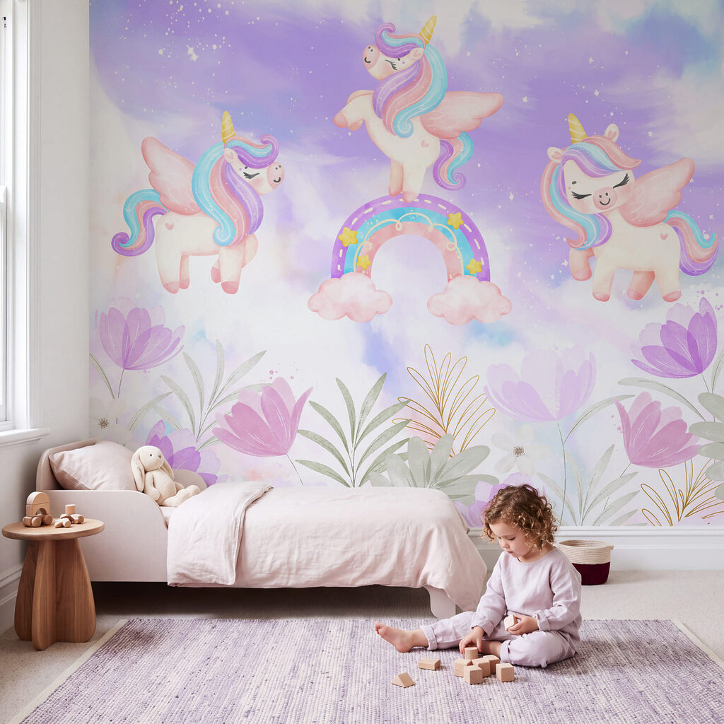 Licornes au jardin pastel dans un intérieur