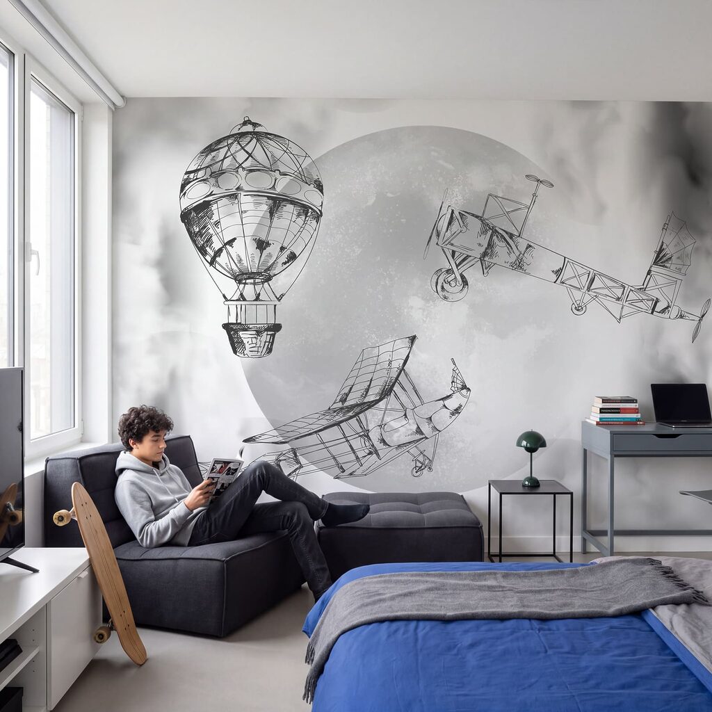 Envol devant la lune dans un intérieur