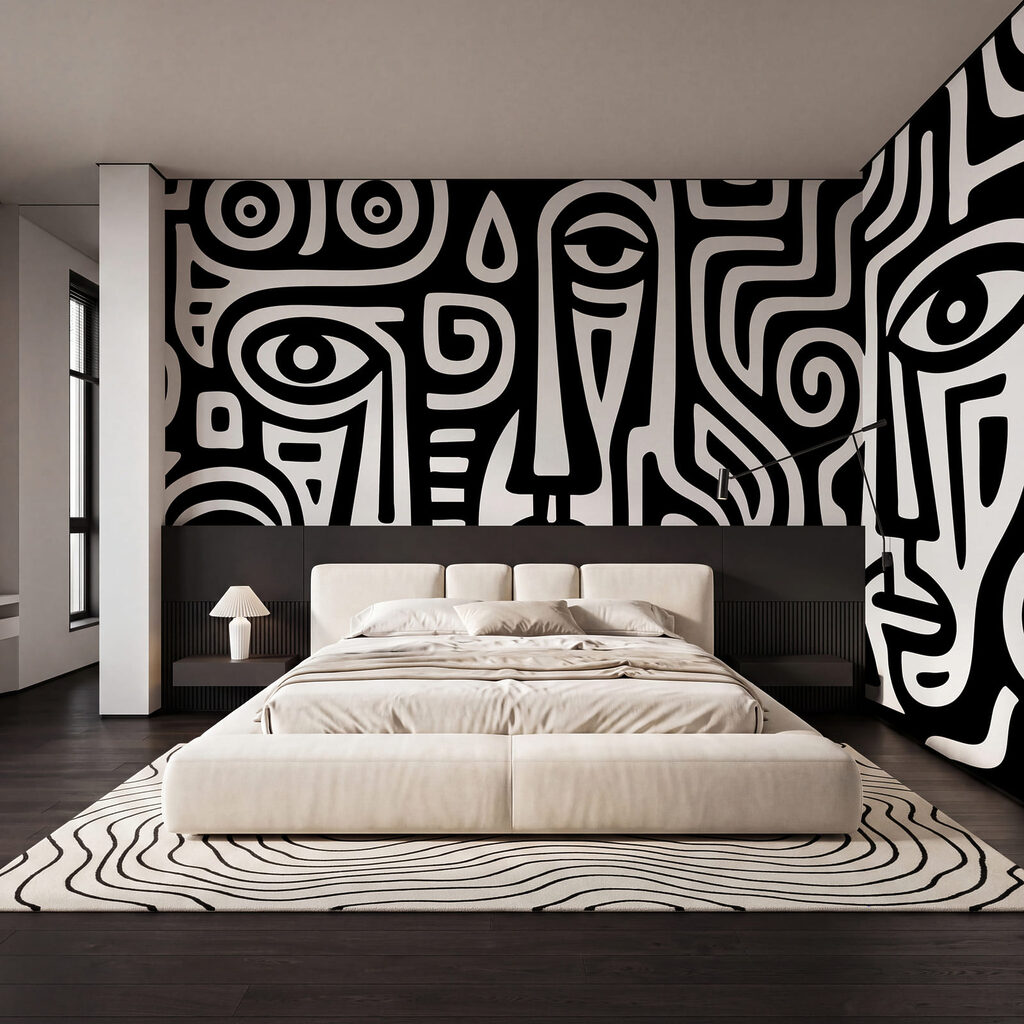 Visages entrelacés dans un intérieur