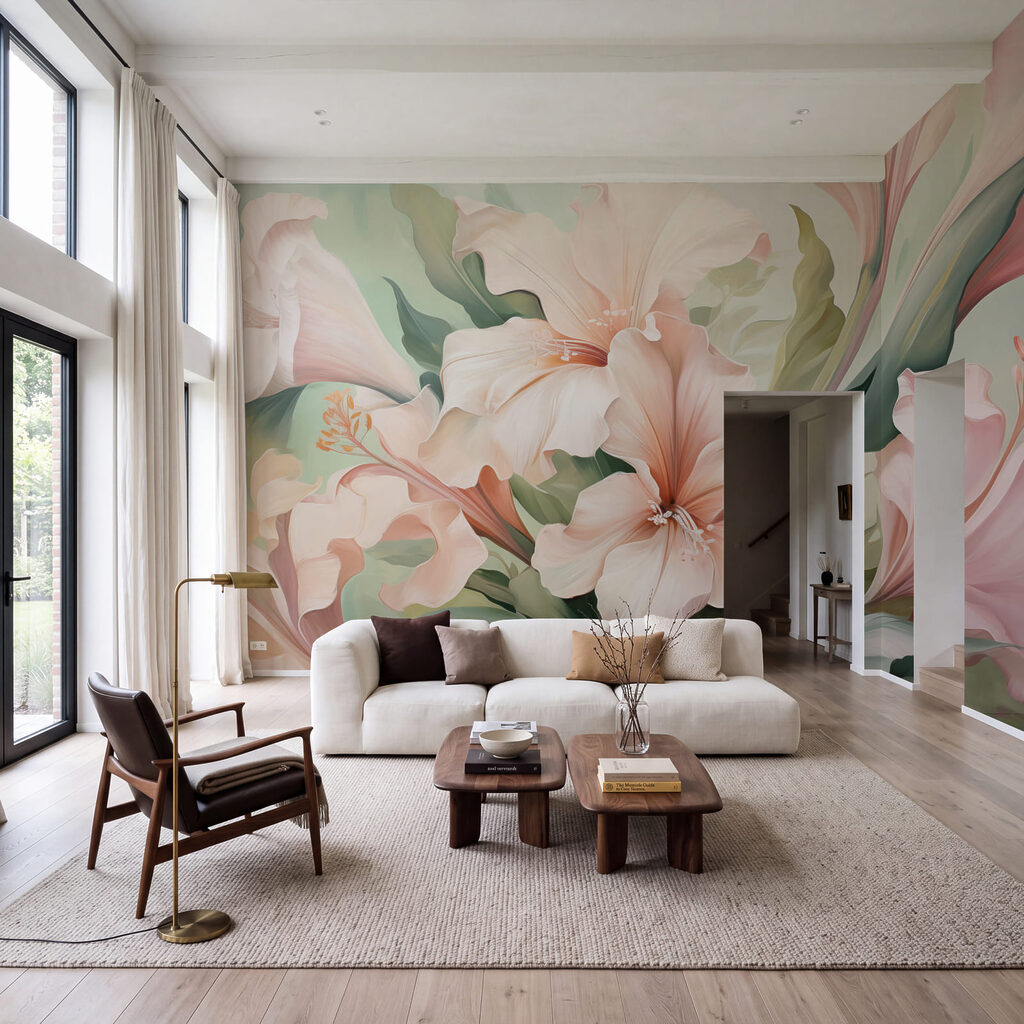 Fleurs roses et feuillage dans un intérieur