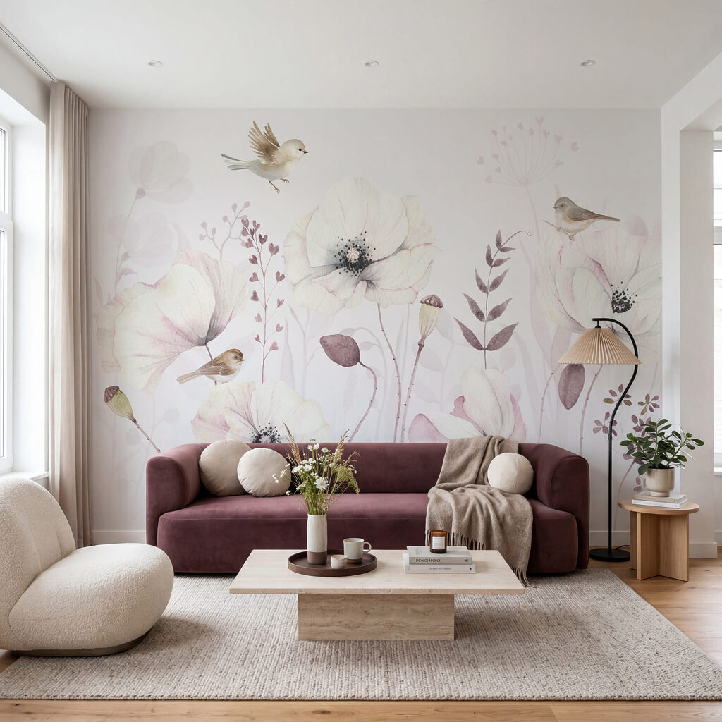 Oiseaux et fleurs pâles dans un intérieur