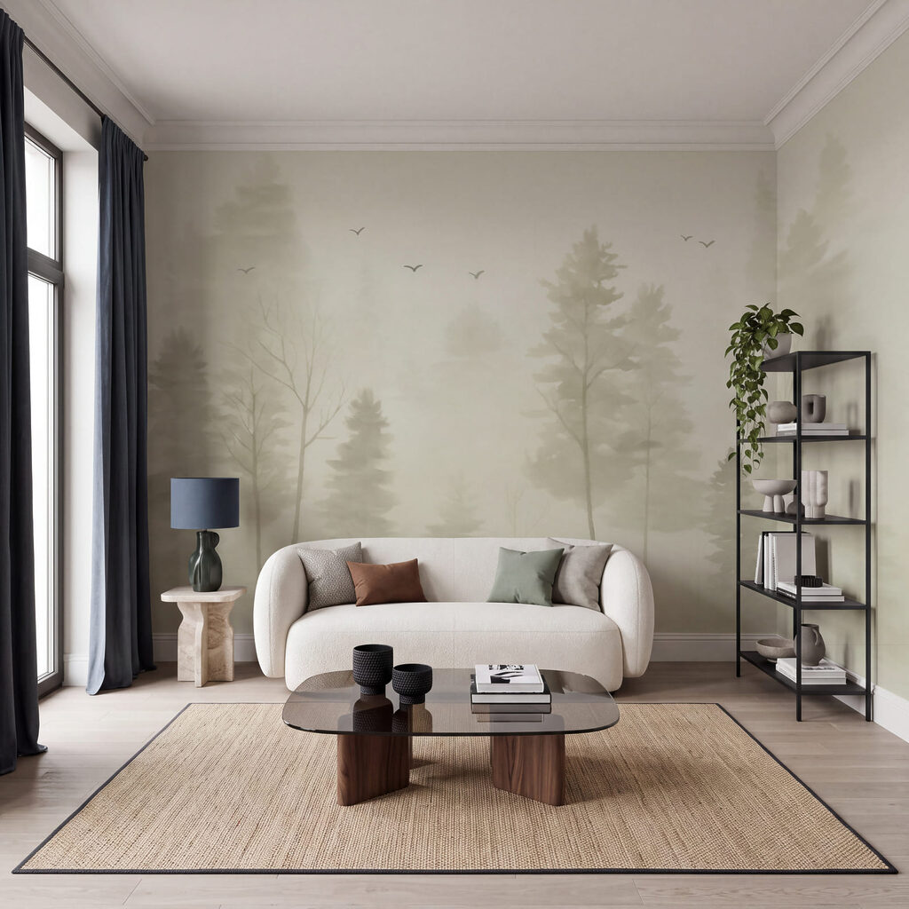 Conifères voilés de brume dans un intérieur