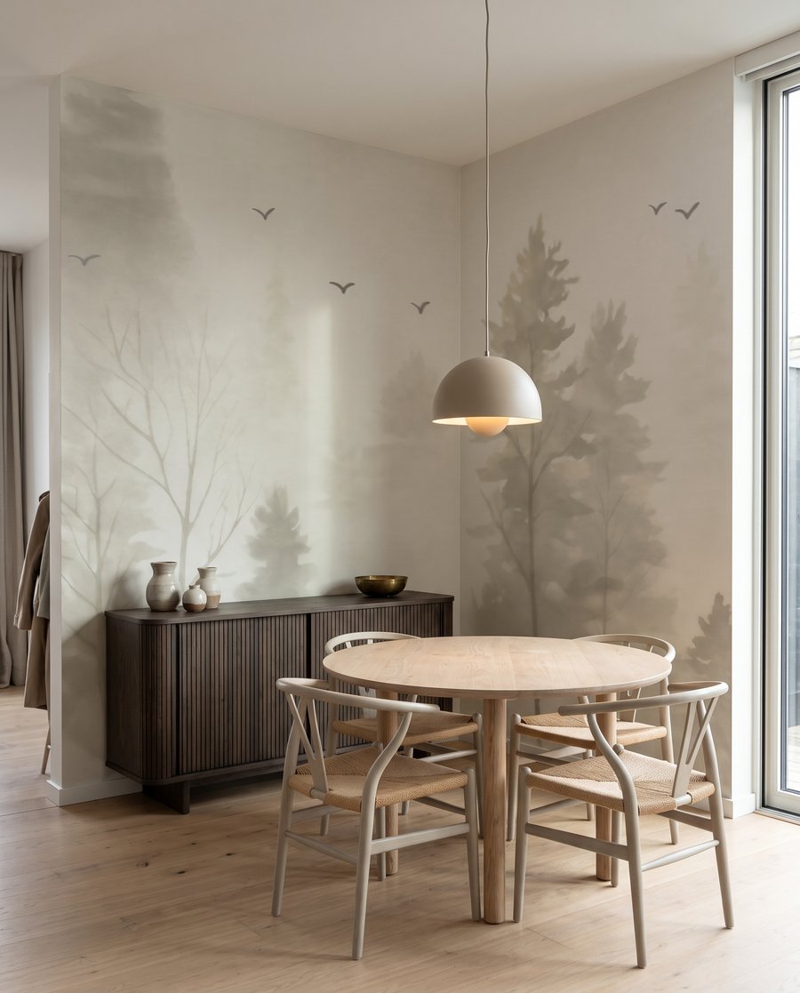 Conifères voilés de brume dans un intérieur