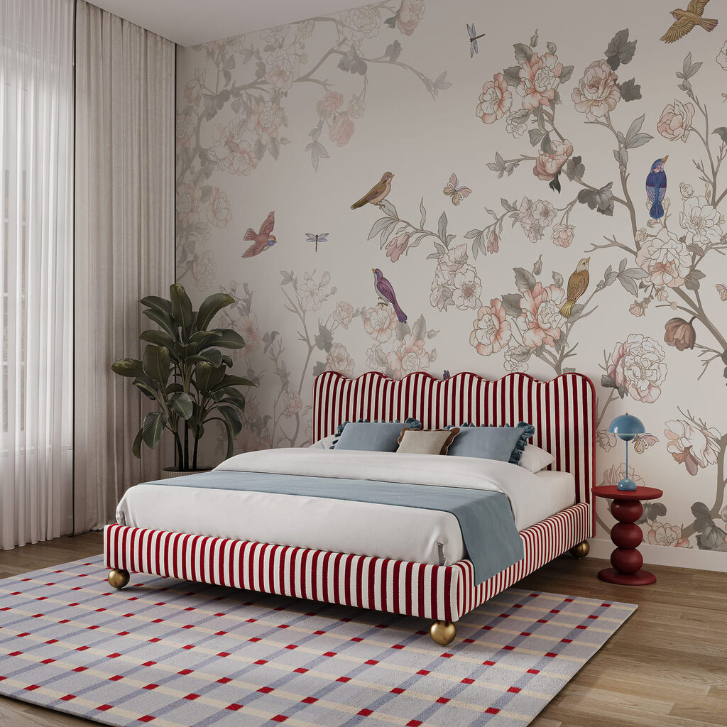 Oiseaux et rameaux fleuris dans un intérieur