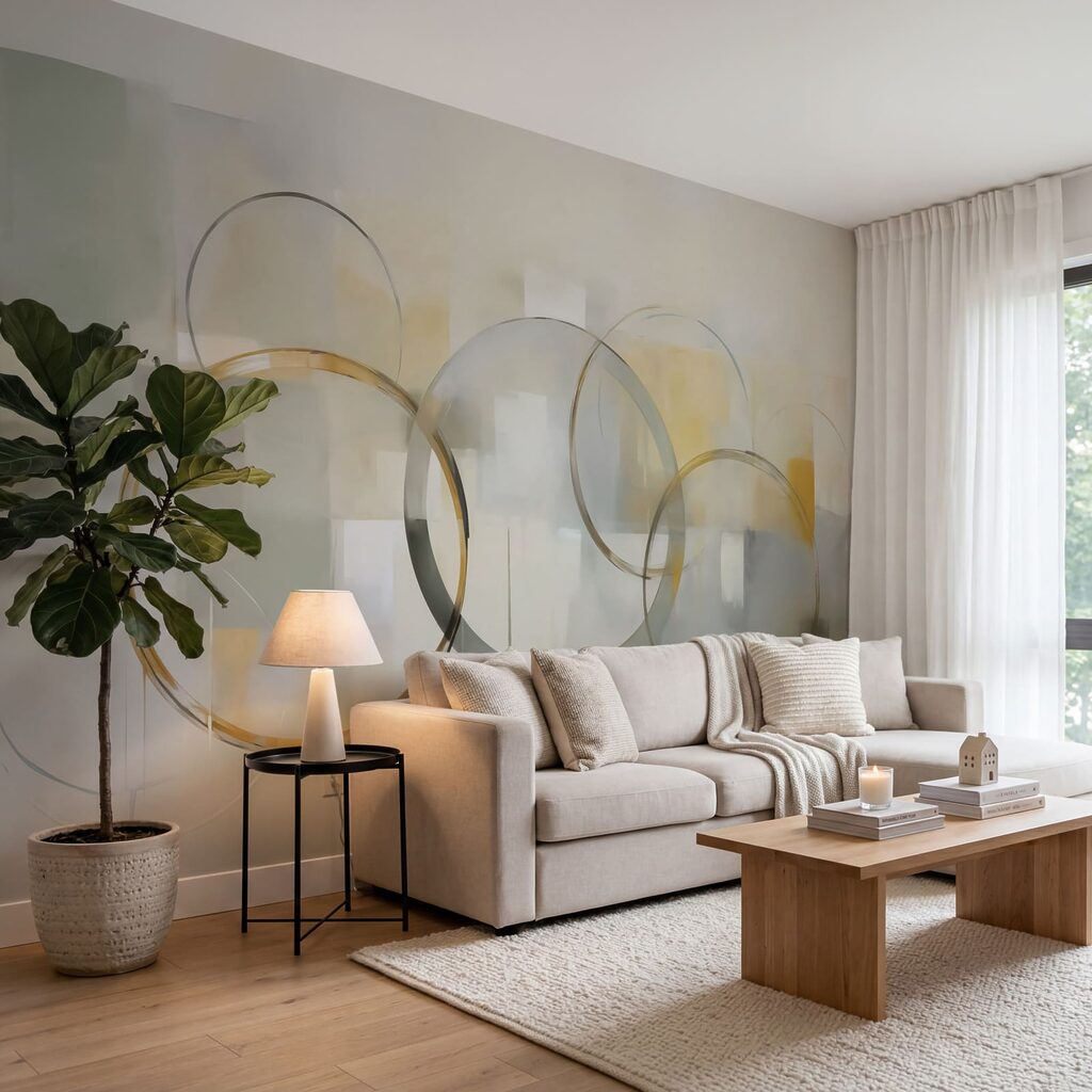Cercles dorés sur aplats dans un intérieur