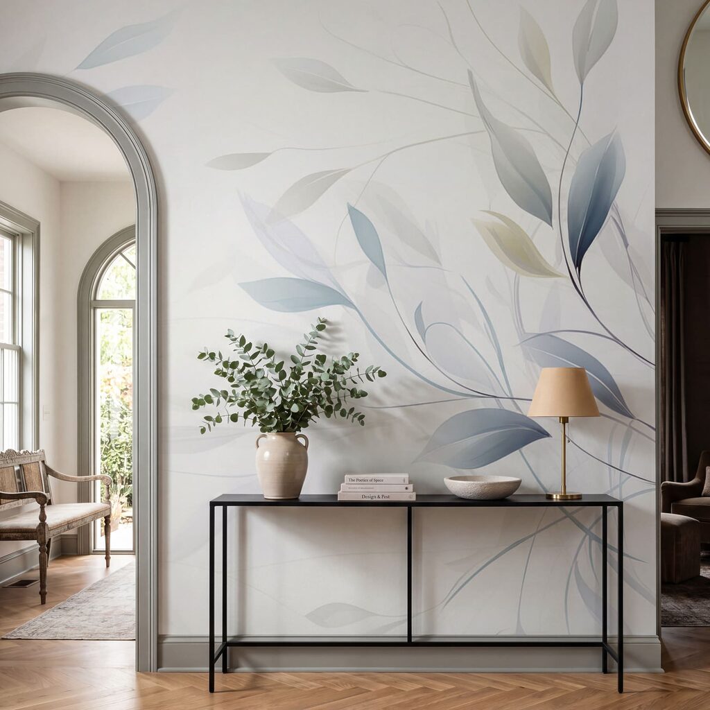 Feuillage bleu sur blanc dans un intérieur