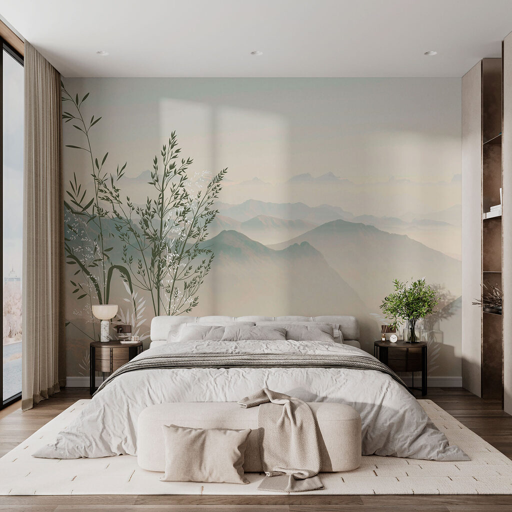 Herbes et monts lointains dans un intérieur