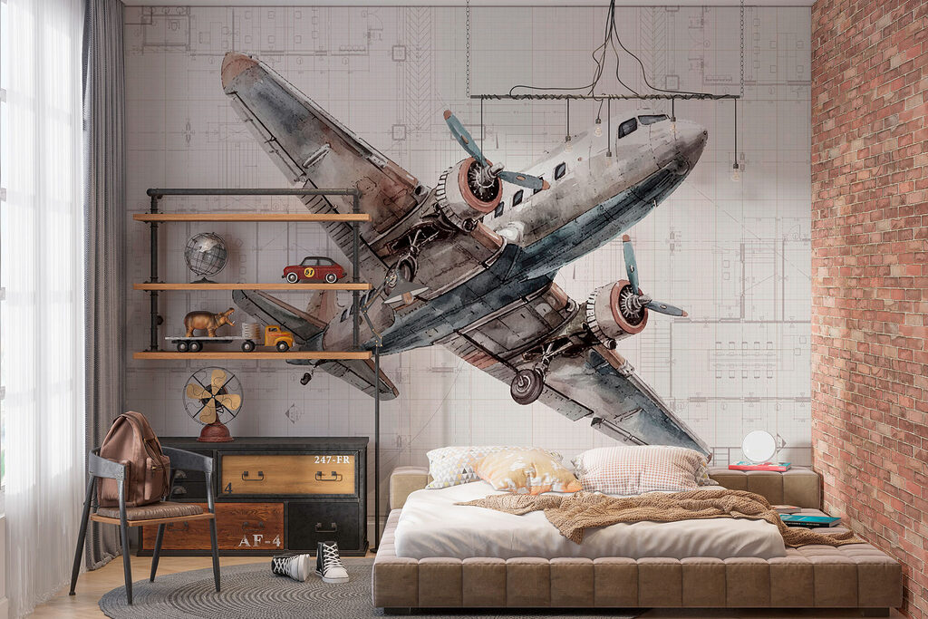Croquis d’un vieil avion dans un intérieur