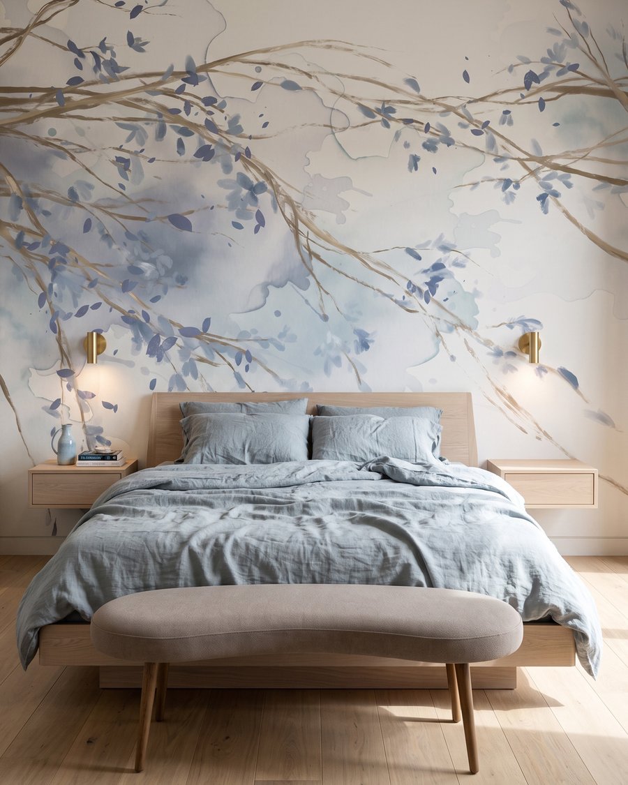 Rameaux sur taches colorées dans un intérieur