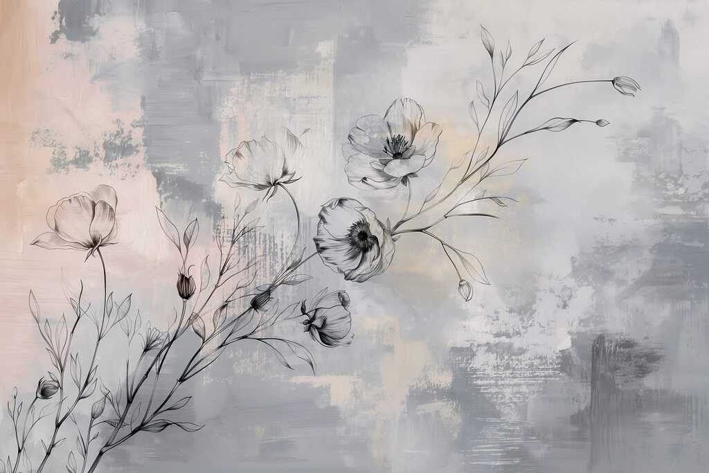 Fleurs dessinées sur gris — motif complet