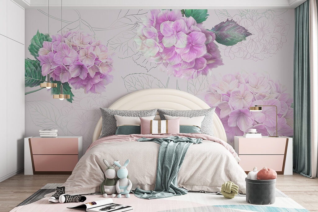Hortensias aux feuilles dessinées — intérieur 1