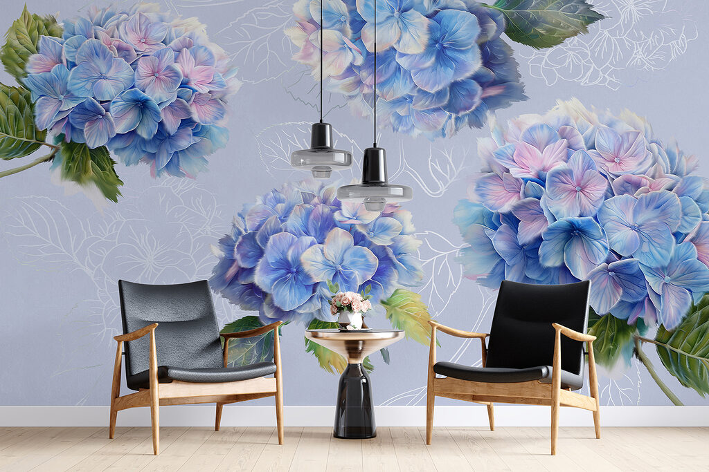 Hortensias aux feuilles dessinées — intérieur 1