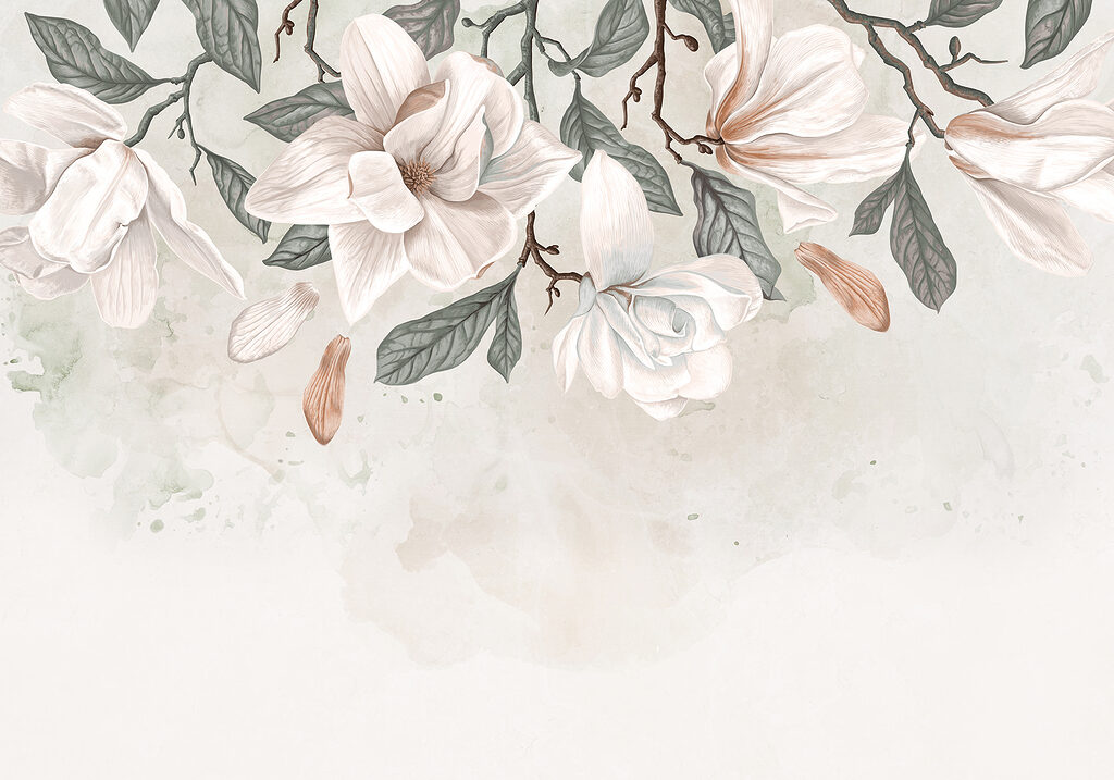 Rameaux fleuris sur blanc — motif complet
