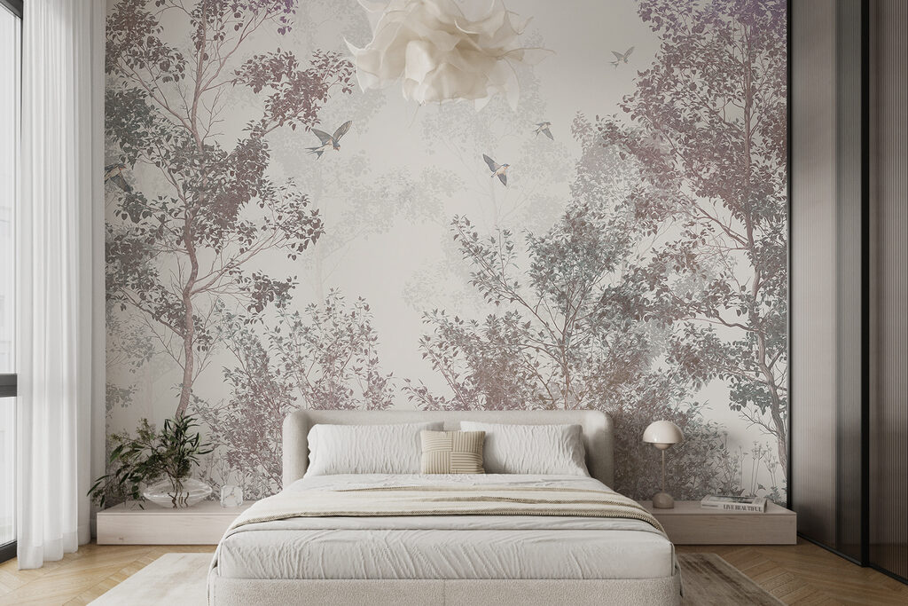 Oiseaux au-dessus des arbres dans un intérieur