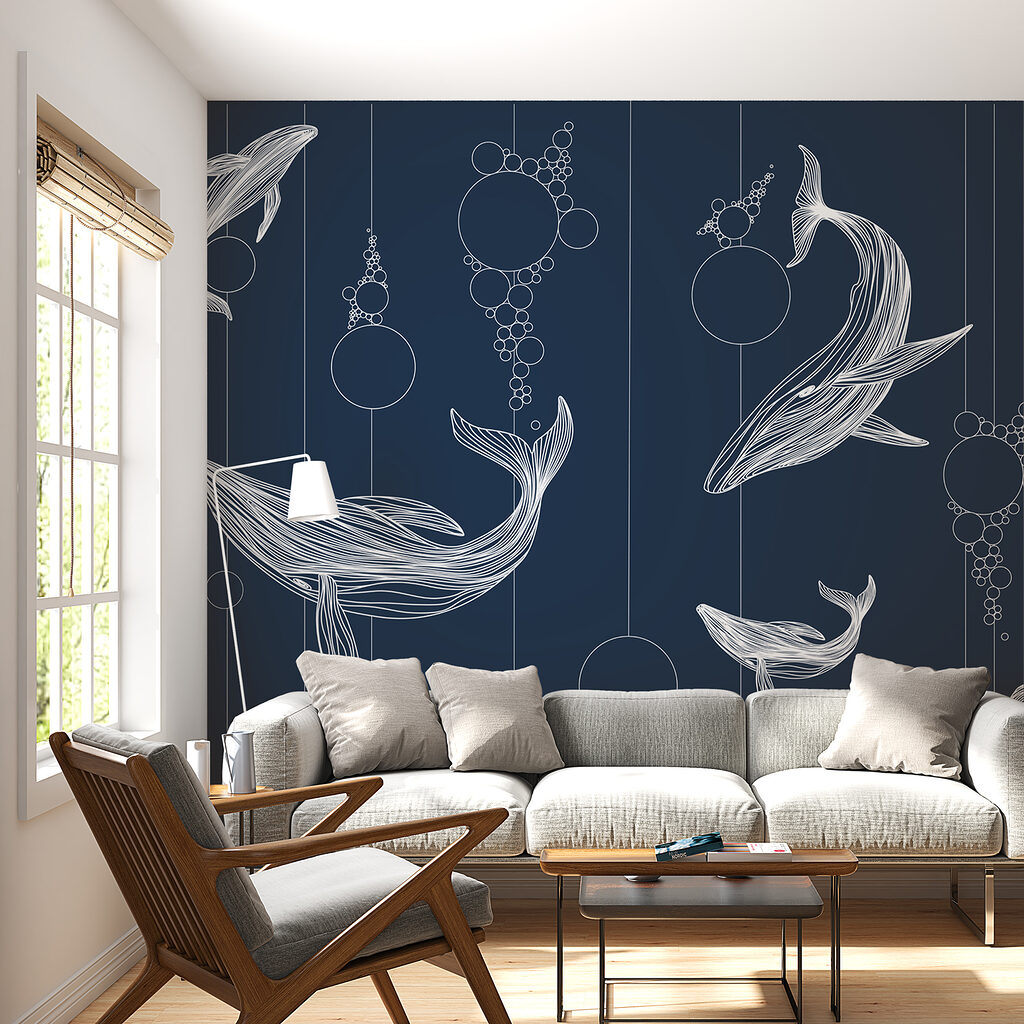 Baleines et cercles suspendus dans un intérieur