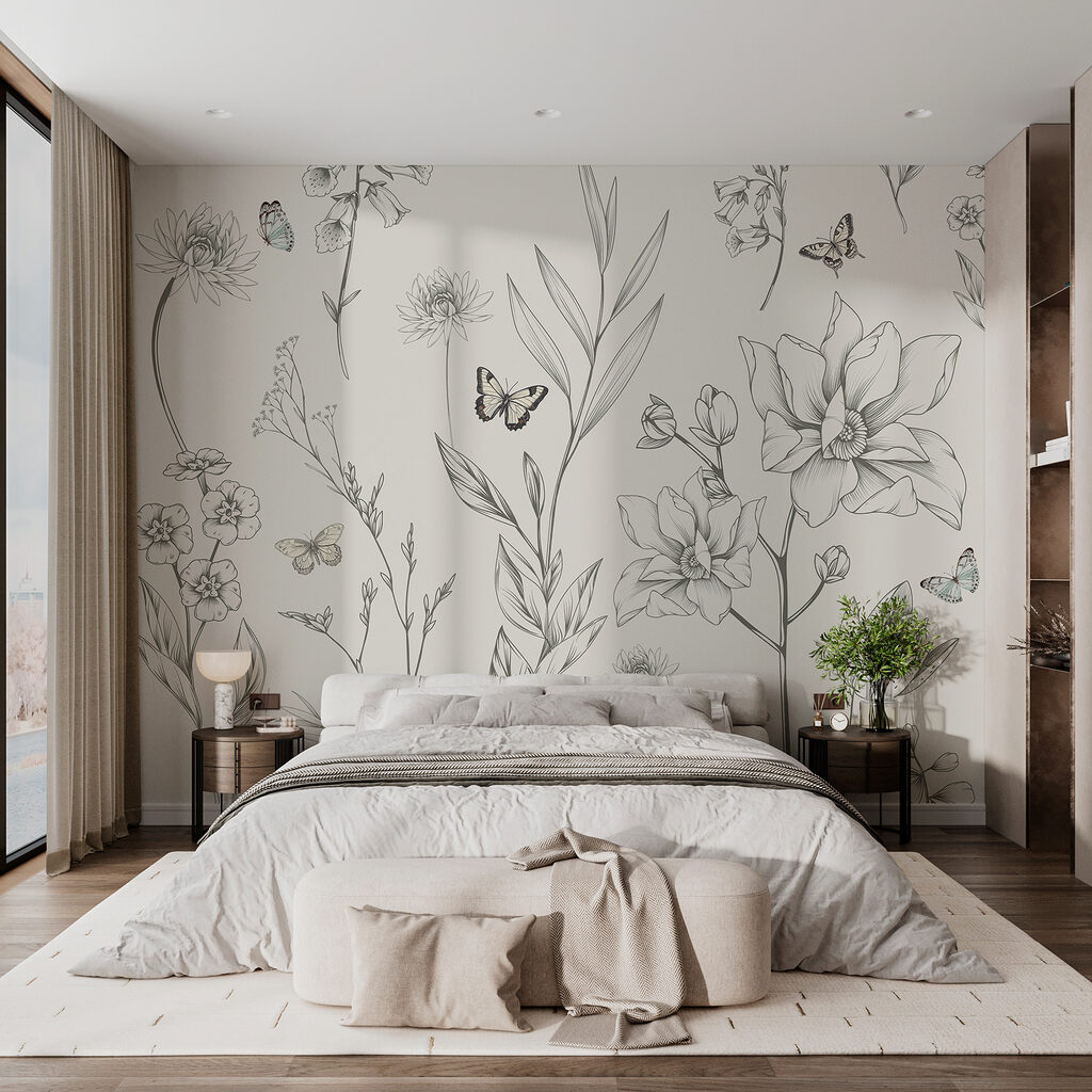 Papillons et fleurs dessinées dans un intérieur