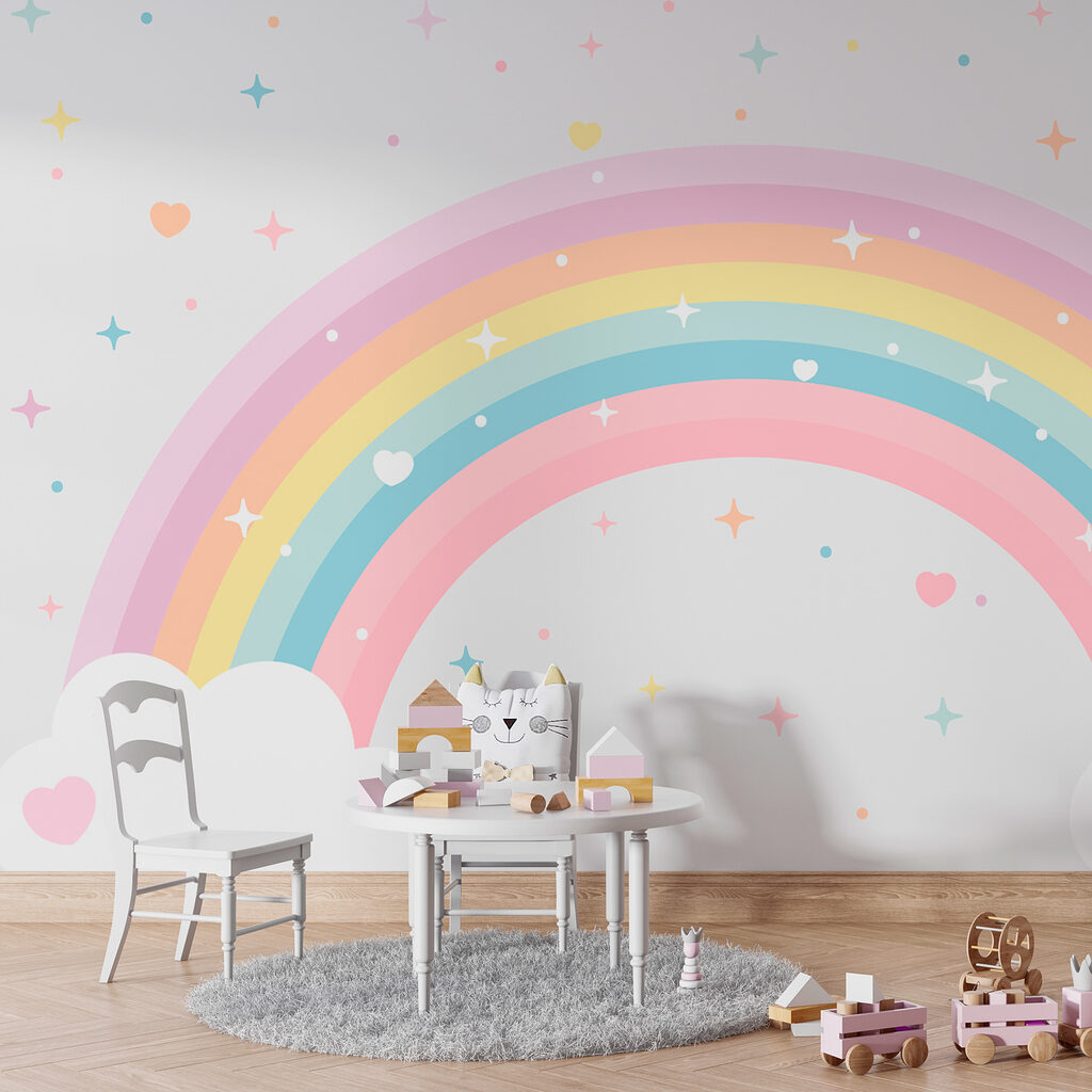 Arc-en-ciel et confettis d’étoiles dans un intérieur
