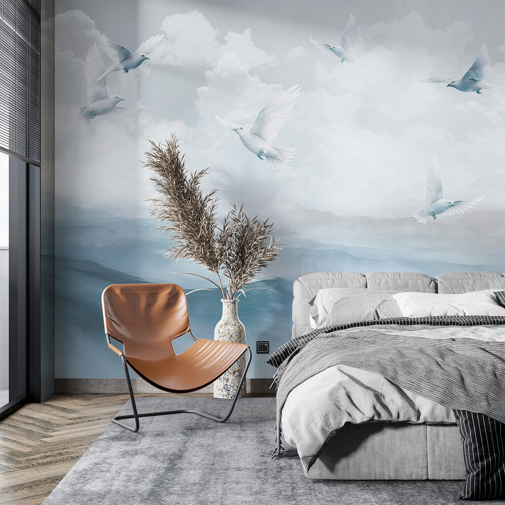Oiseaux au-dessus des collines dans un intérieur