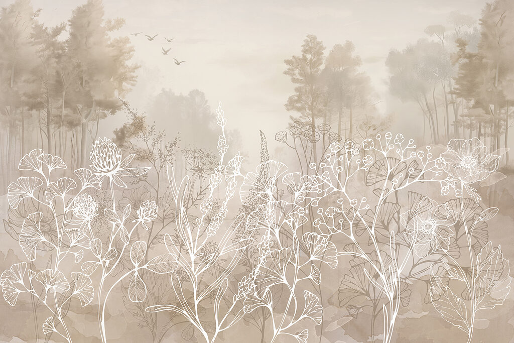 Lignes fleuries et arbres — motif complet