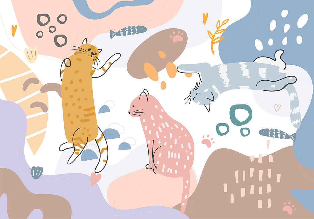 Chats joueurs et poissons — motif complet