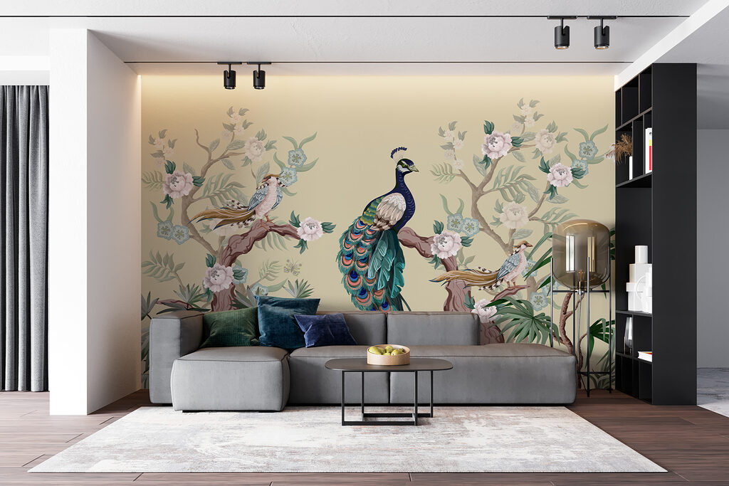 Paon et branches fleuries — intérieur 1