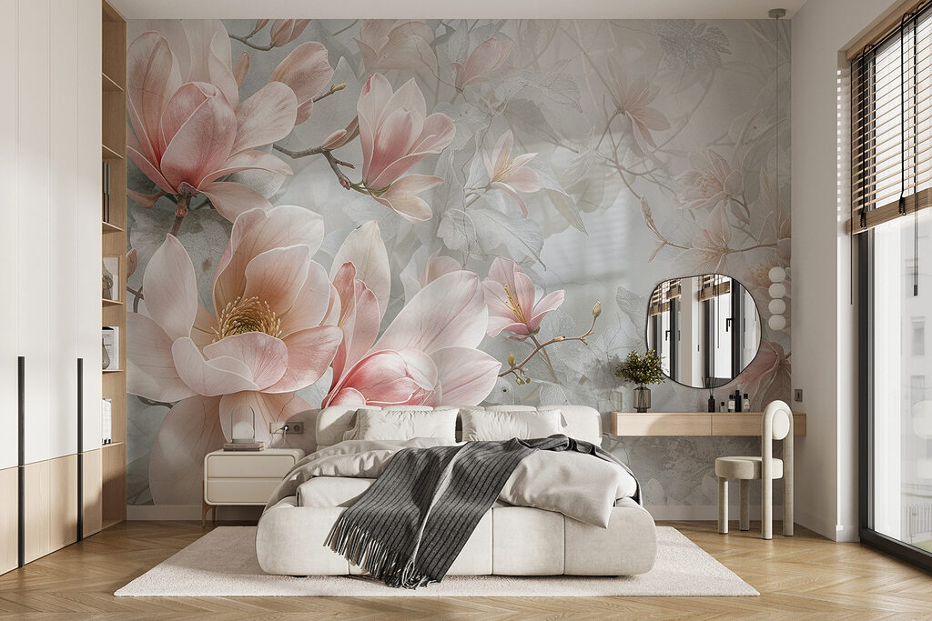 Fleurs roses sur gris-bleu dans un intérieur