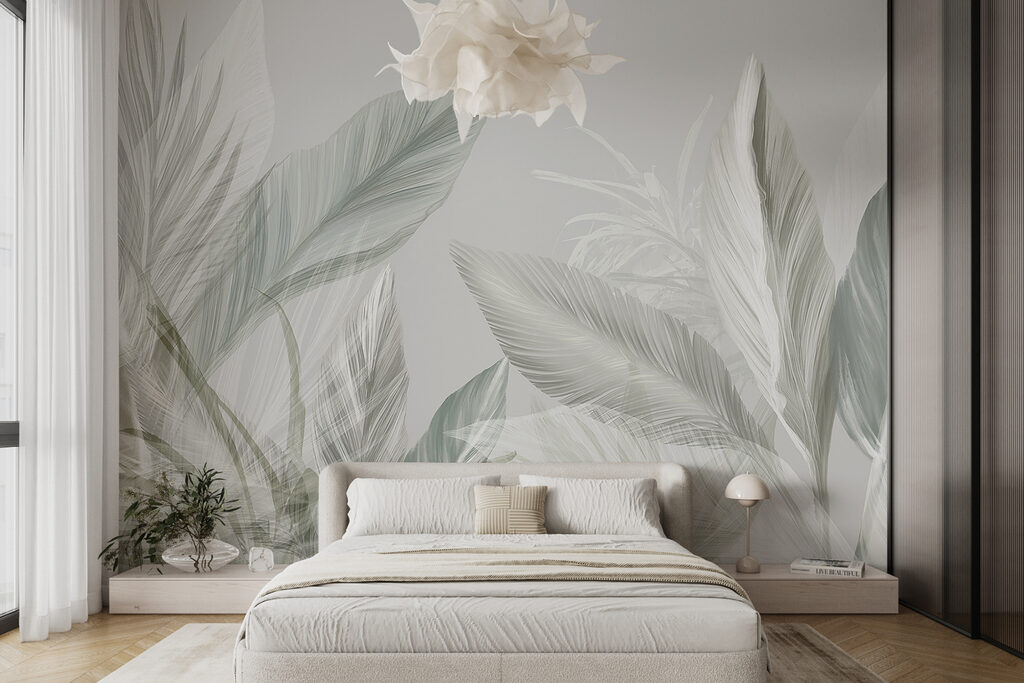 Feuilles tropicales à contre-jour dans un intérieur