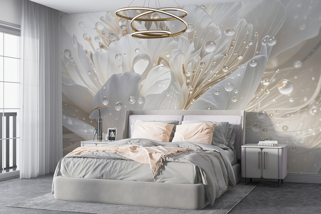 Fleur blanche perlée dans un intérieur