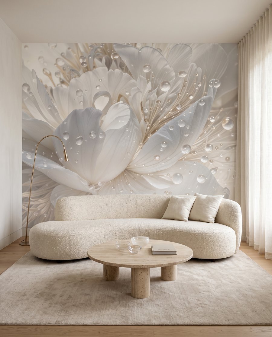 Fleur blanche perlée dans un intérieur