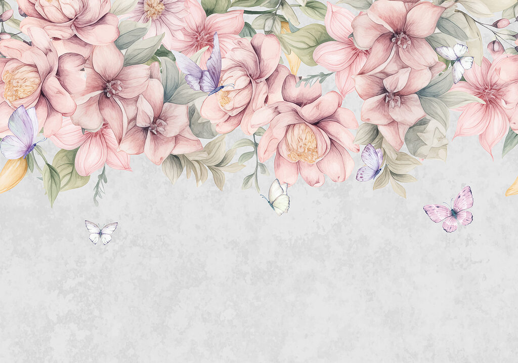 Fleurs et papillons virevoltants — motif complet