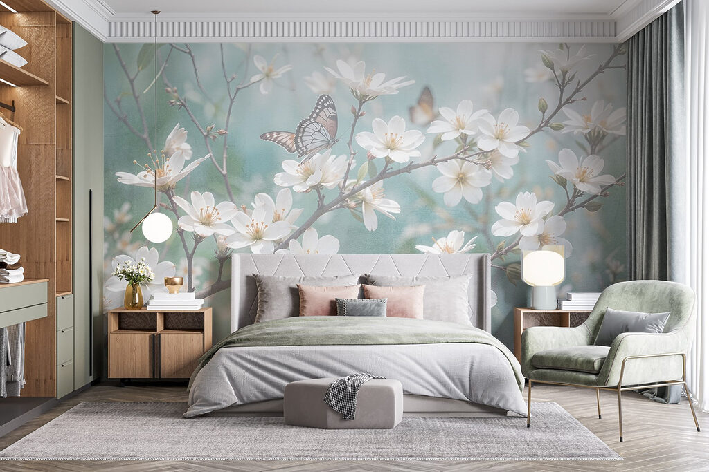 Fleurs blanches et lueurs dans un intérieur