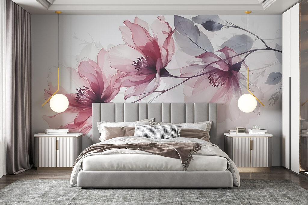 Branche aux fleurs roses dans un intérieur