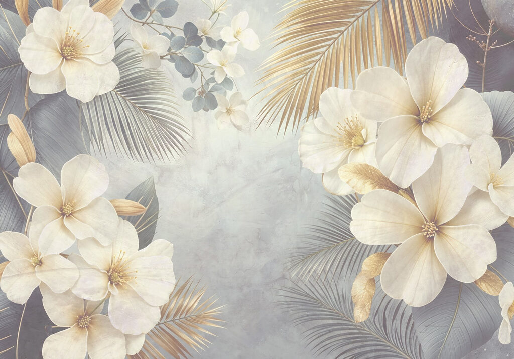 Fleurs blanches et palmes — motif complet