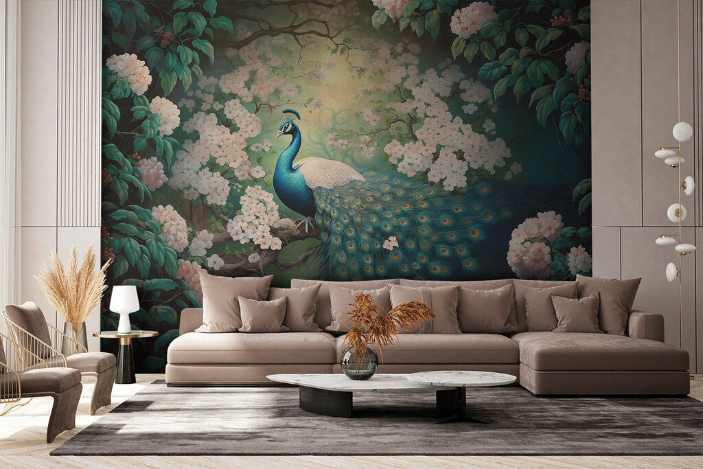 Paon au jardin fleuri dans un intérieur