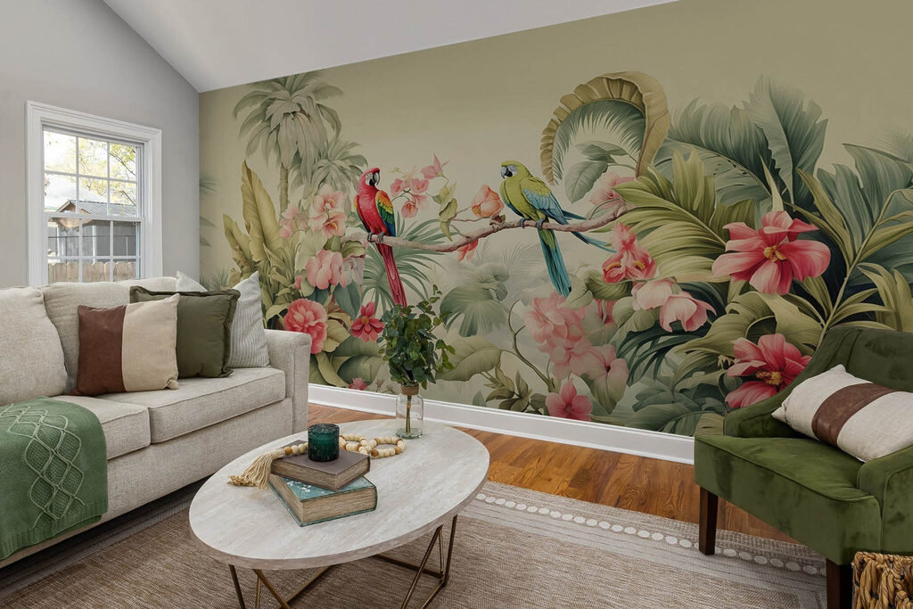 Perroquets parmi les fleurs dans un intérieur