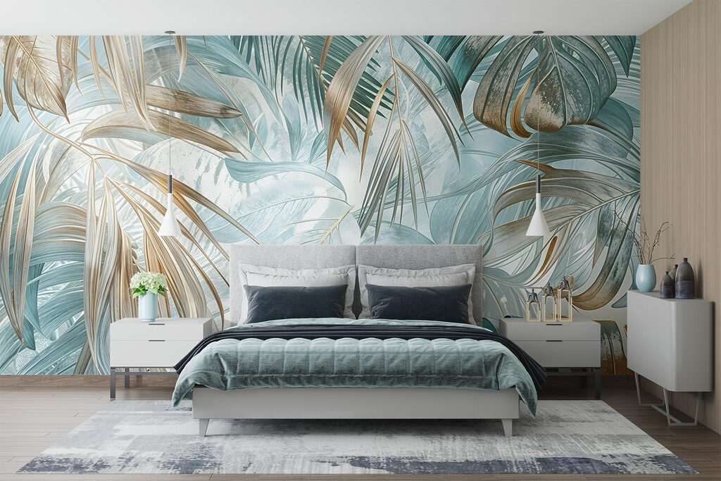 Palmes aux reflets turquoise dans un intérieur