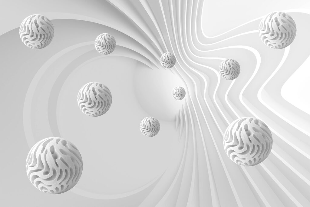 Sphères blanches et volutes — motif complet