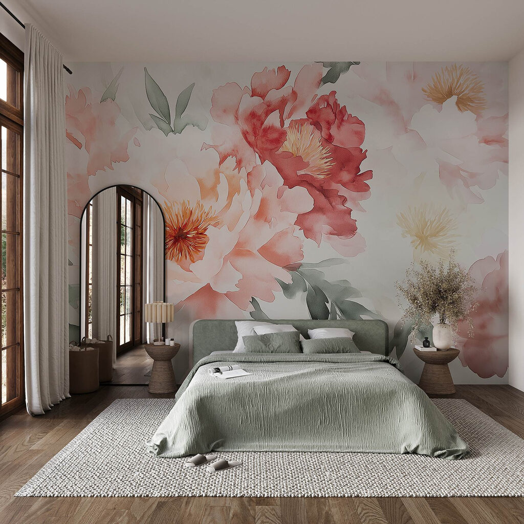 Fleurs roses à l’aquarelle dans un intérieur